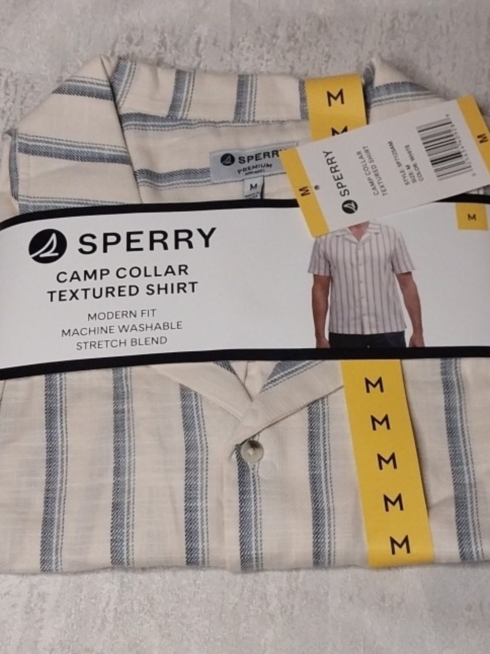 Sperry Cream & Blue Striped Camp Collar Shirt Mens M